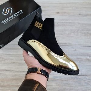 Black Gold Chelsea Boots, Greek Pattern Boots
